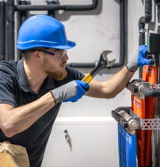 The technician checking the heating system in the boiler room. Adjusting heating valves in a residential building. A plumbing and heating technician works.